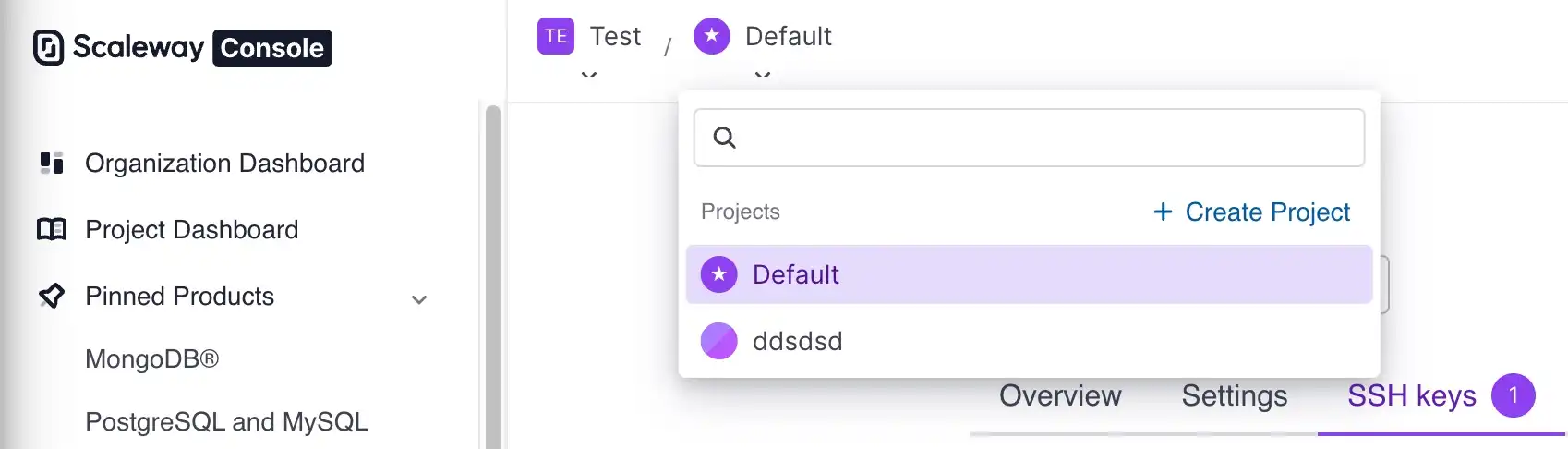 screenshot of the left corner of the Scaleway console top-menu. The image shows 'Test' as the Organization / and 'Default' as the Project. A drop-down menu is shown under 'Default' with a list of availble Projects in the Organization and a button to create a new Project.