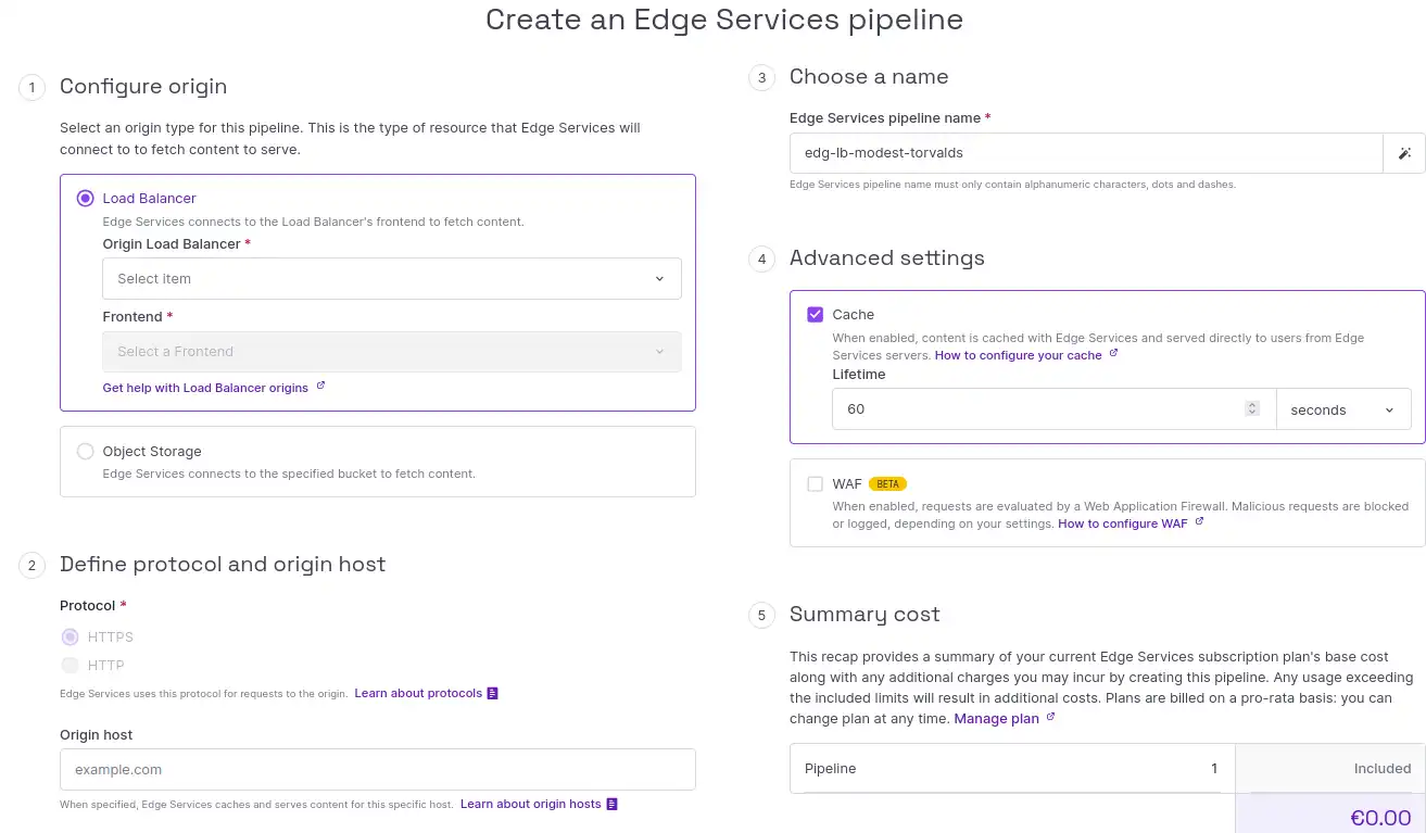 A screenshot of the Scaleway console shows the Edge Services pipeline creation wizard. It prompts you to select an origin type (Load Balancer or Object Storage), and configure the other options described below on this page.