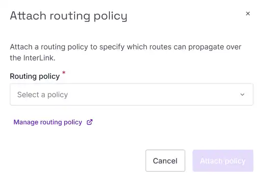 A pop-up in the Scaleway console prompts a user to select a routing policy from a drown down list.