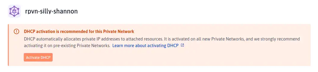A banner displays the text: 'DHCP activation is recommended for this Private Network. DHCP automatically allocates private IP addresses to attached resources. It is activated on all new Private Networks, and we strongly recommend activating it on pre-existing Private Networks'. A button at the bottom of the banner displays the text 'Activate DHCP'.