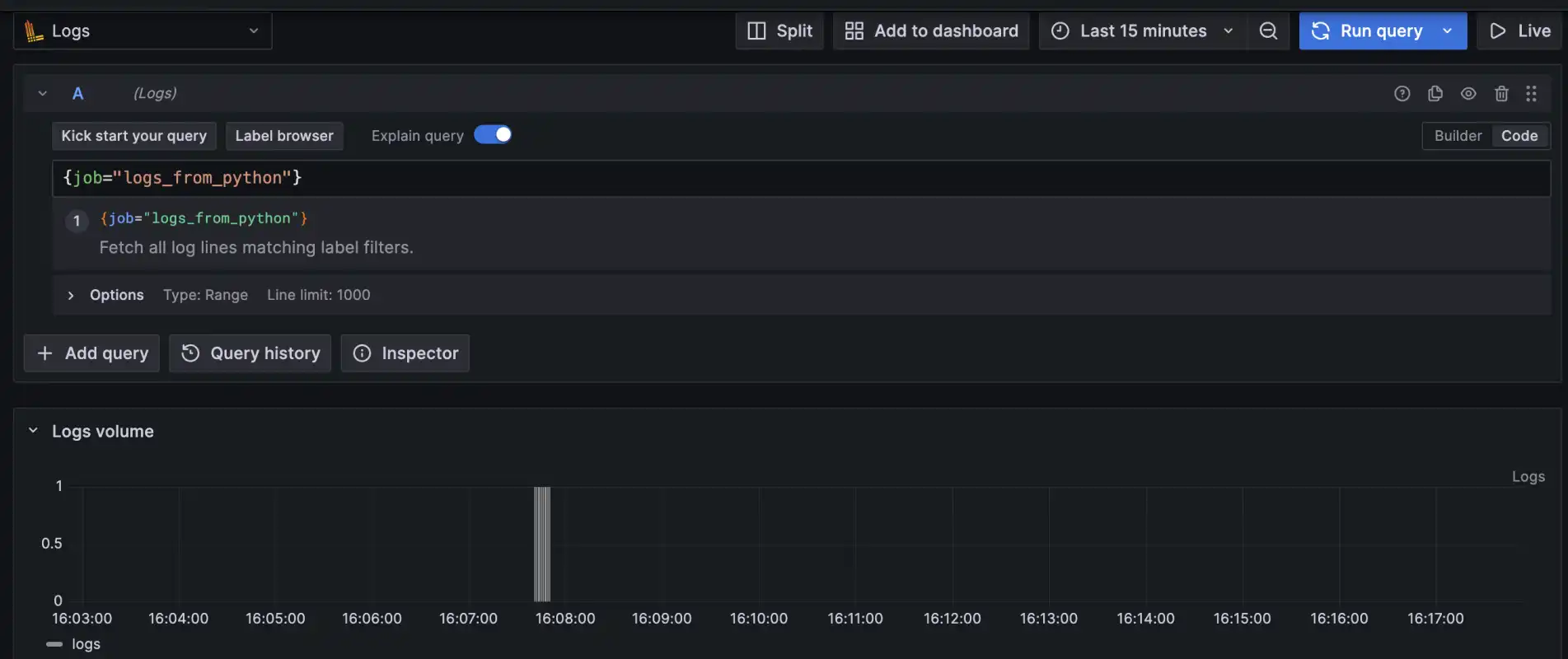 Grafana dashboard showing label filters used to access logs