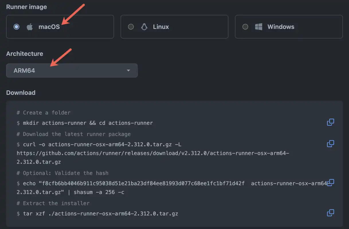 A sample version of the commands GitHub requires you to download and configure the runner binary