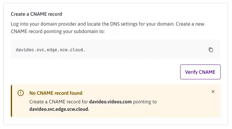 A screenshot of the Edge Services dashboard in the Scaleway console. An error shows: No CNAME record found. Create a CNAME record for davideo.videos.com pointing to davideo.svc.edge.scw.cloud