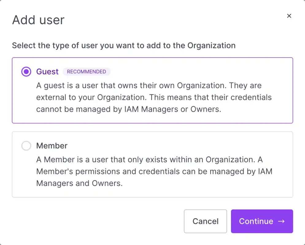 Guest: A Guest is a user that owns their own Organization. They are external to your Organization. This means that their credentials cannot be managed by IAM Managers or Owners. Member: A Member is a user that only exists within an Organization. A Member's permissions and credentials can be managed by IAM Managers and Owners. 