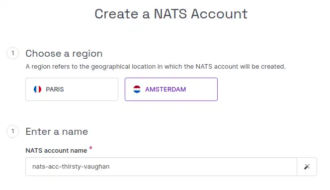 In the Scaleway console, the Create a NATS Account screen displays. The different parts of the page are detailed in the steps below.
