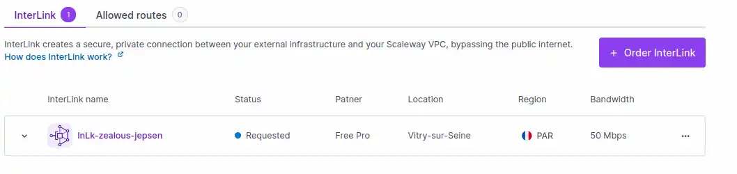 A screen in the Scaleway console shows a listing of InterLinks, with the following information: name, status, partner, location, region and bandwidth.