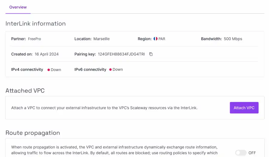 A screen in the Scaleway console show's an overview of an InterLink's partner, location, region, bandwidth, creation date, pairing key, and IPv4/IPv6 connectivity status.