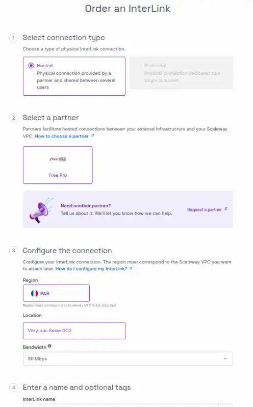 A screen of the Scaleway console shows the InterLink order form. The different sections are explained in the steps below.