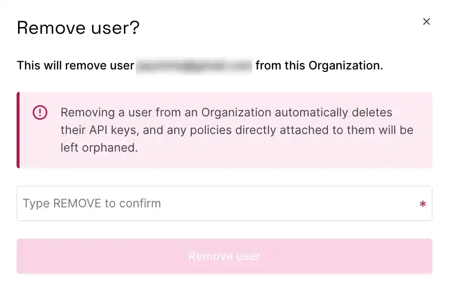 A pop up box displaying a warning: Removing a user from this Organization automatically deletes their API keys, and any policies directly attached to them become orphaned