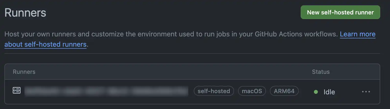 An example of a GitHub runner shown as Idle in the GitHub web interface