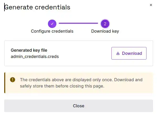 In the Scaleway console, a screen shows that a .creds key file has been generated, which the user is prompted to download.