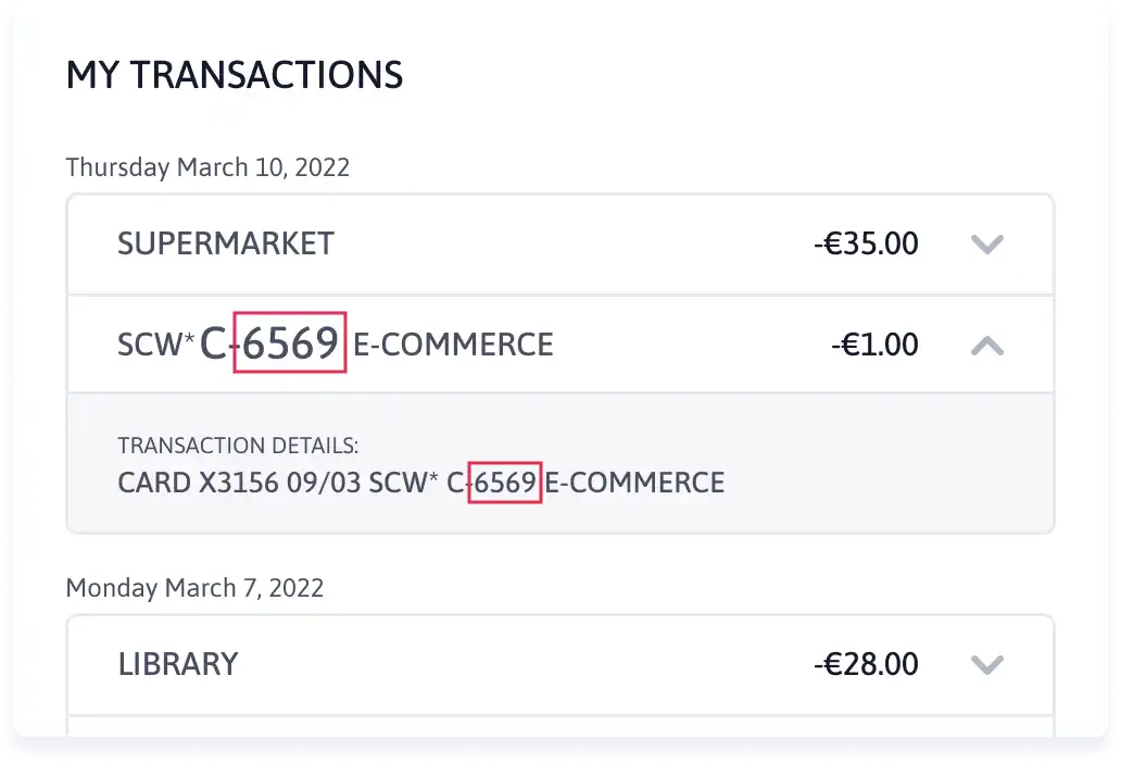 Screenshot of a bank account statement. Under the transactions section, an entry called SCW*C-6569E-COMMERCE displays. The validation code is represented by the number sequence