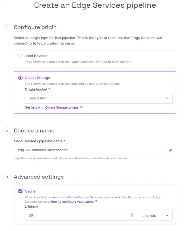 A screenshot of the Scaleway console shows the Edge Services pipeline creation wizard. It prompts you to select an origin type (Load Balancer or Object Storage), origin bucket, and choose a name for the pipeline.