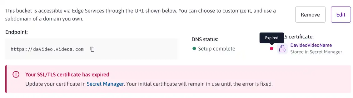 Your SSL/TLS certificate has expired. Update your certificate in Secret Manager. Your initial certificate will remain in use until the error is fixed.