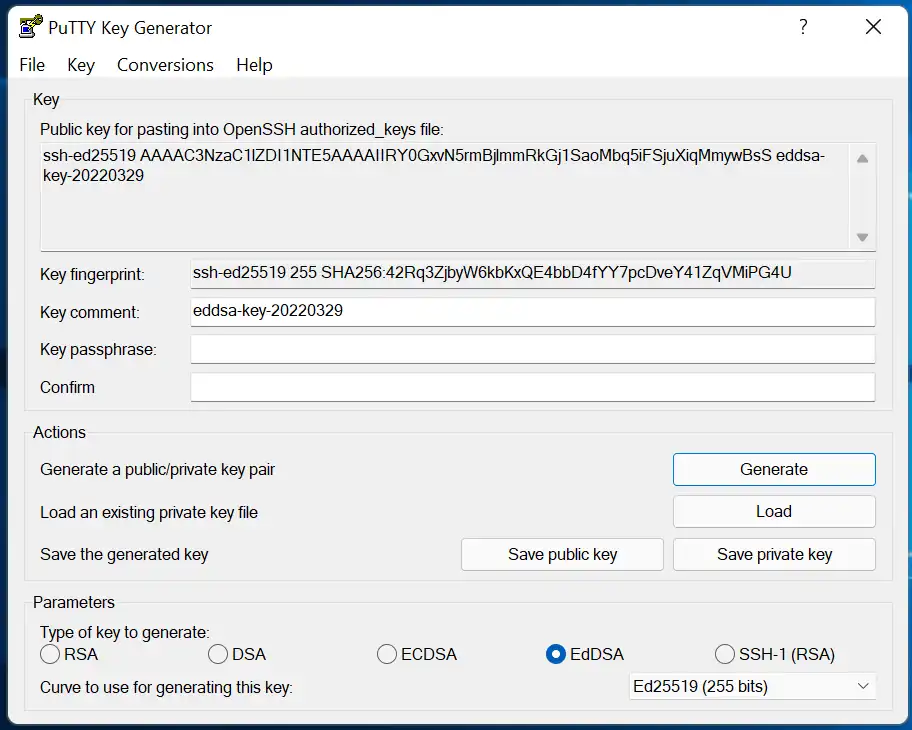 PuTTYgen Keys Generated