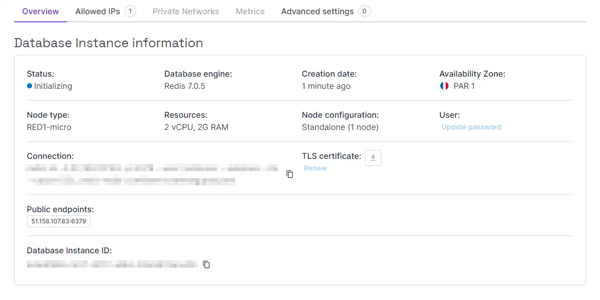 Redis Overview page in the Scaleway Console