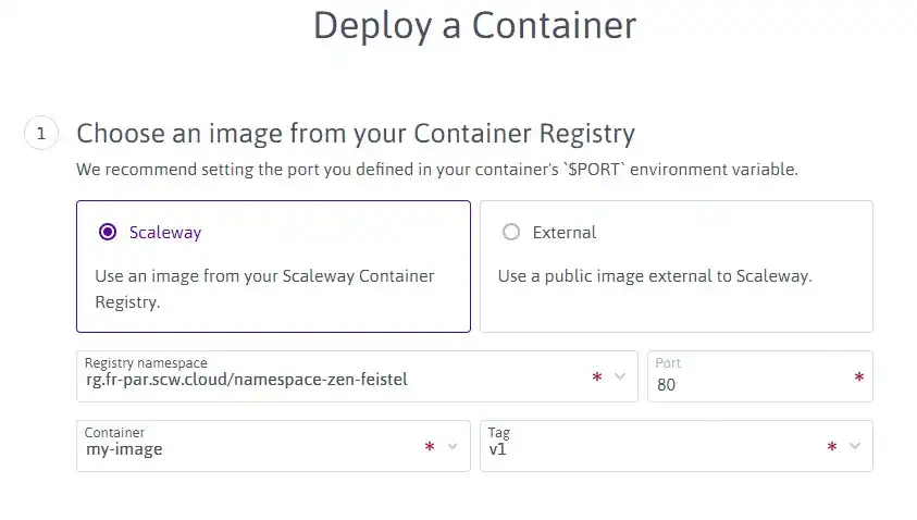 Scaleway Console Deploy Container